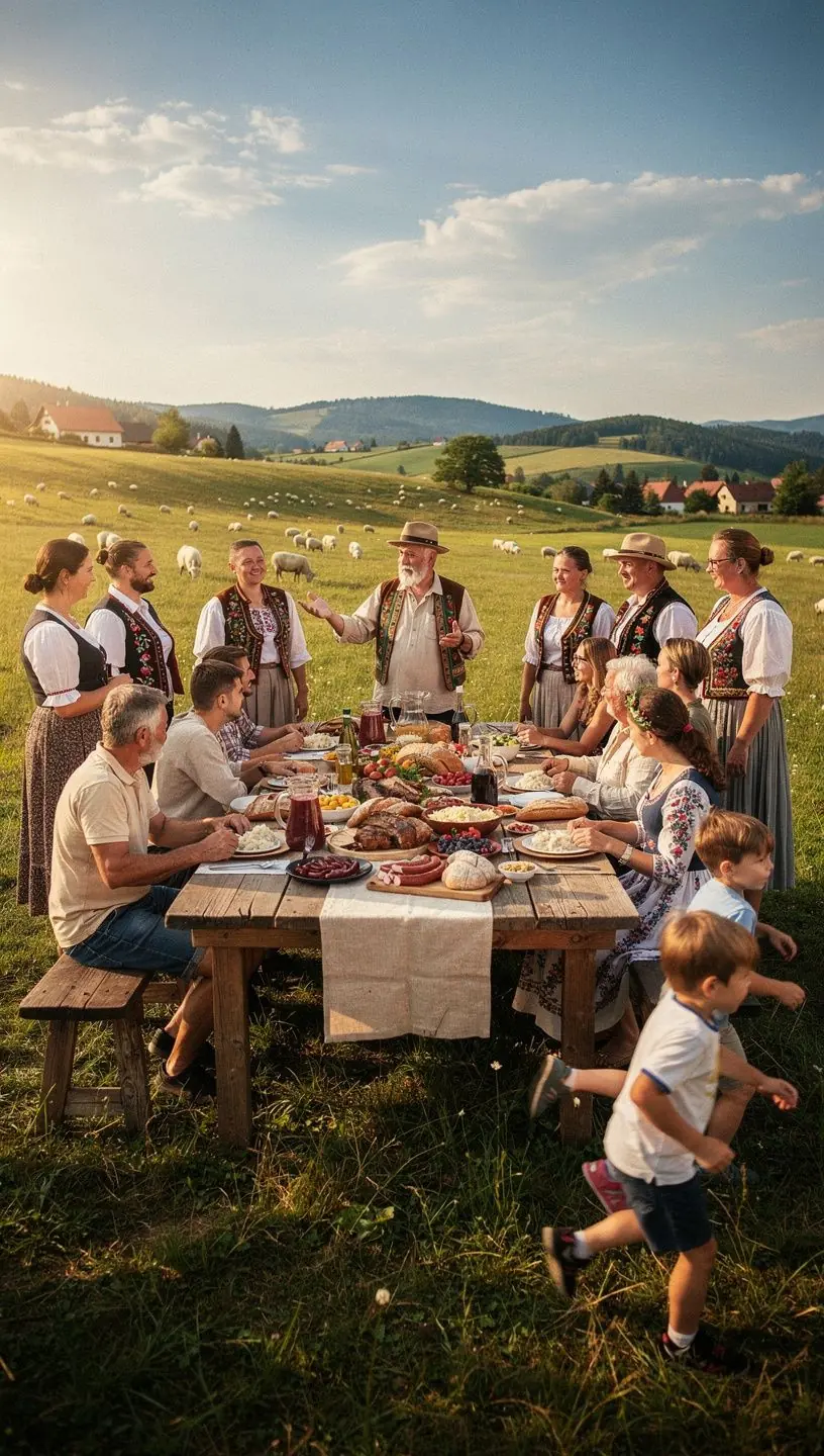 A vibrant scene of a Slovak folklore festival with performers in traditional costumes dancing joyfully.