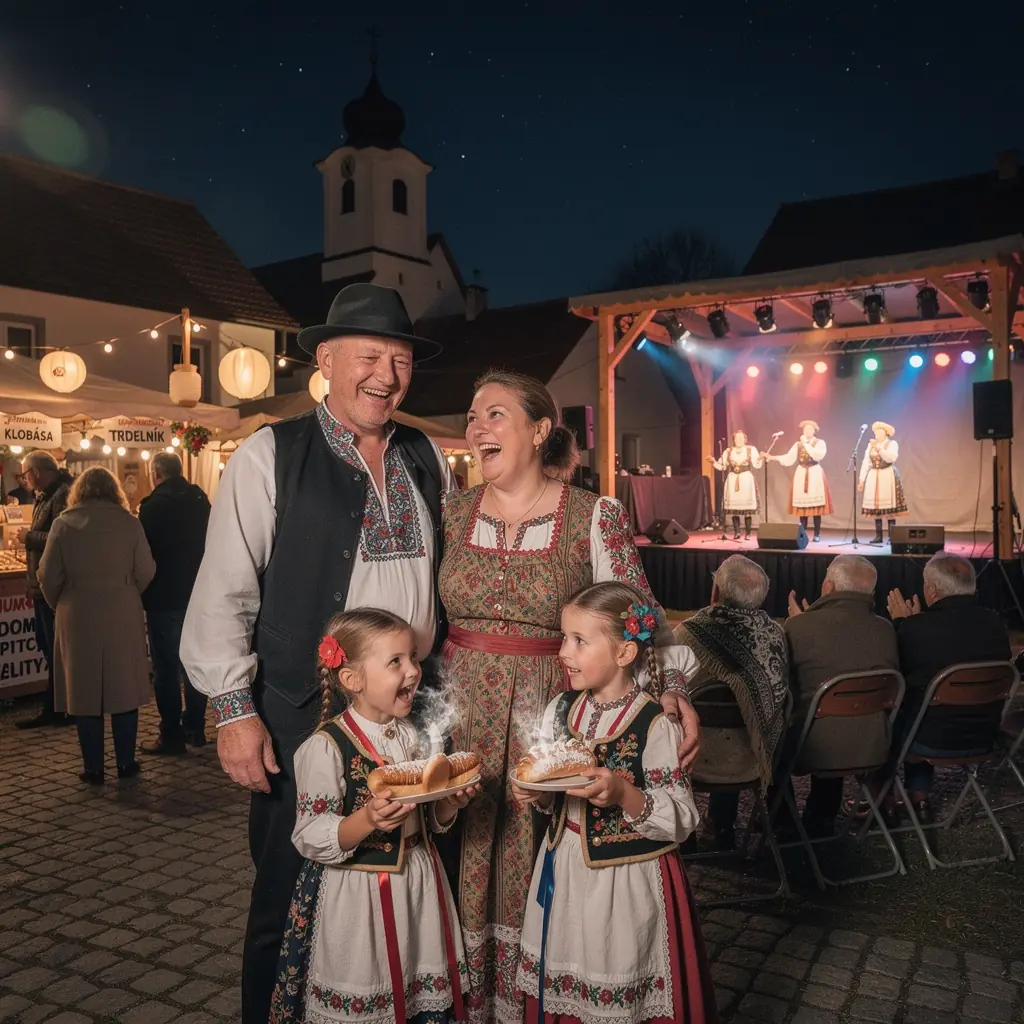 Colorful stalls filled with handmade crafts and local delicacies during a bustling seasonal market in Slovakia.