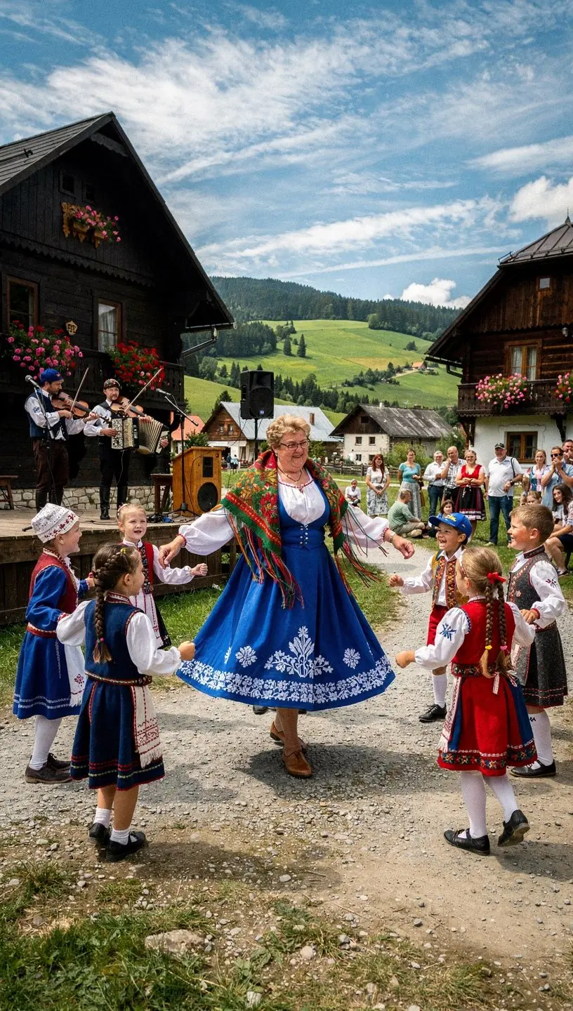 A picturesque view of a historic town square adorned with festive decorations for a community celebration.